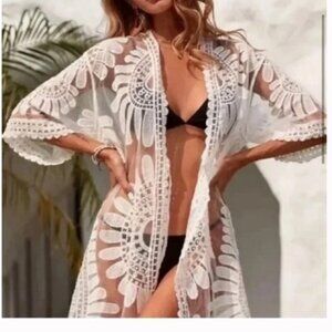 68 Rebellion Again Women's M Cream Boho Sheer Kimono Duster Coastal Festival